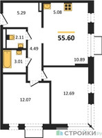 Планировка двухкомнатной(квартира) площадью 55.6 квадратных метров в “ЖК Новое Видное”