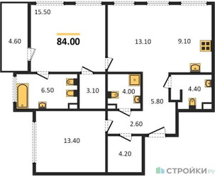 Планировка двухкомнатной(квартира) площадью 84 квадратных метров в ЖК “ЖК Sydney City (Сидней Сити)”