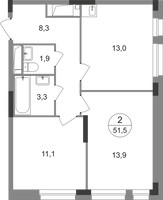 Планировка двухкомнатной(квартира) площадью 51.5 квадратных метров в “ЖК Первый Московский”