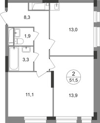 Планировка двухкомнатной(квартира) площадью 51.5 квадратных метров в ЖК “ЖК Первый Московский”