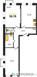 Планировка двухкомнатной(квартира) площадью 58.78 квадратных метров в ЖК “ЖК Квартал Строгино”