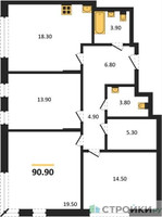 Планировка трехкомнатной(квартира) площадью 90.9 квадратных метров в “ЖК Переделкино Ближнее”