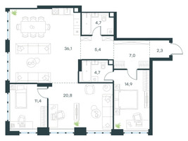Планировка трехкомнатной(квартира) площадью 107.3 квадратных метров в “ЖК Левел Южнопортовая”