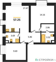 Планировка двухкомнатной(квартира) площадью 57.25 квадратных метров в “ЖК N’ICE LOFT (Найс Лофт)”