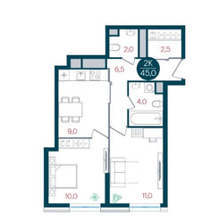 Планировка двухкомнатной(квартира) площадью 45 квадратных метров в ЖК “ЖК РУСИЧ-Кантемировский”