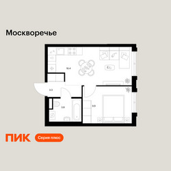 Планировка однокомнатной(квартира) площадью 33.4 квадратных метров в ЖК “ЖК Москворечье”