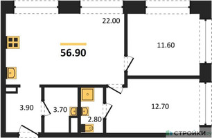 Планировка двухкомнатной(квартира) площадью 56.9 квадратных метров в “ЖК Wave (Вейв)”