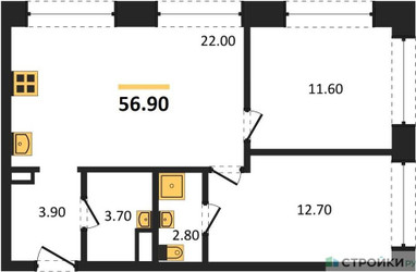 Планировка двухкомнатной(квартира) площадью 56.9 квадратных метров в ЖК “ЖК Wave (Вейв)”