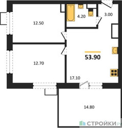 Планировка двухкомнатной(квартира) площадью 53.9 квадратных метров в ЖК “ЖК Foreville (Форевилль)”