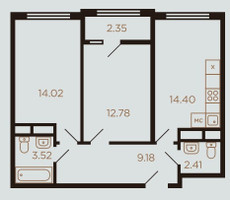 Планировка двухкомнатной(квартира) площадью 58 квадратных метров в “ЖК Миниполис Рафинад”