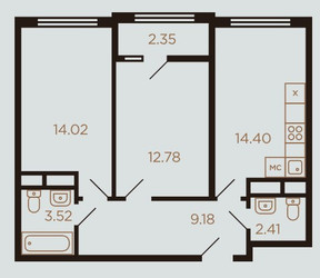Планировка двухкомнатной(квартира) площадью 58 квадратных метров в ЖК “ЖК Миниполис Рафинад”