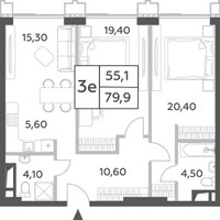 Планировка трехкомнатной(квартира) площадью 79.9 квадратных метров в “ЖК Will Towers (Вилл Тауэрс)”