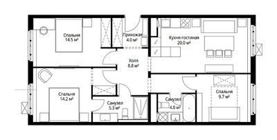 Планировка трехкомнатной(квартира) площадью 80.5 квадратных метров в ЖК “ЖК Эко Видное 2.0”