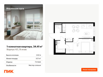 Планировка однокомнатной(квартира) площадью 34.41 квадратных метров в ЖК “ЖК Ильинские луга”