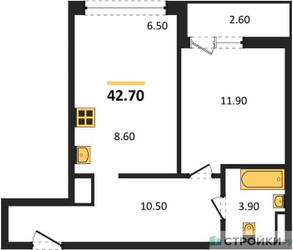 Планировка однокомнатной(квартира) площадью 42.7 квадратных метров в ЖК “ЖК Родные кварталы”