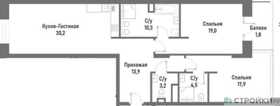Планировка двухкомнатной(квартира) площадью 99.5 квадратных метров в ЖК “ЖК Ренессанс”