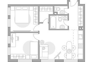 Планировка трехкомнатной(квартира) площадью 65.04 квадратных метров в “ЖК BeLuck Коломенское”