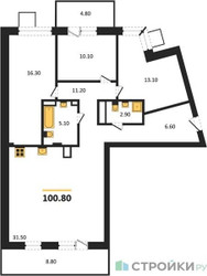 Планировка трехкомнатной(квартира) площадью 100.8 квадратных метров в ЖК “ЖК Прайм квартал Отрада на реке”