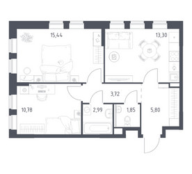 Планировка двухкомнатной(квартира) площадью 53.88 квадратных метров в ЖК “ЖК Пригород Лесное”