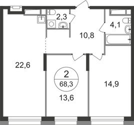 Планировка двухкомнатной(квартира) площадью 68.3 квадратных метров в ЖК “ЖК Первый Московский”