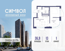 Планировка однокомнатной(квартира) площадью 36.9 квадратных метров в “ЖК Символ”