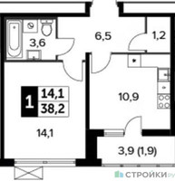 Планировка однокомнатной(квартира) площадью 38.1 квадратных метров в “ЖК 1-й Ленинградский (Первый Ленинградский)”