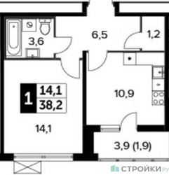 Планировка однокомнатной(квартира) площадью 38.1 квадратных метров в ЖК “ЖК 1-й Ленинградский (Первый Ленинградский)”