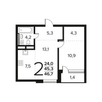 Планировка двухкомнатной(квартира) площадью 46.7 квадратных метров в “Новые Ватутинки. Заречный”