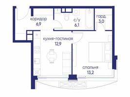 Планировка однокомнатной(квартира) площадью 42.12 квадратных метров в “ЖК Остров”