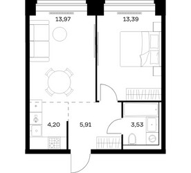 Планировка однокомнатной(квартира) площадью 41 квадратных метров в ЖК “ЖК НОВА”