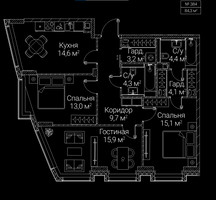 Планировка трехкомнатной(квартира) площадью 84.3 квадратных метров в “ЖК СЕЗАР БУДУЩЕЕ”