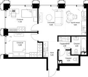 Планировка двухкомнатной(квартира) площадью 63.3 квадратных метров в ЖК “ЖК СЕТ”