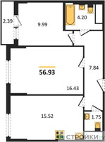 Планировка двухкомнатной(квартира) площадью 56.93 квадратных метров в “ЖК Светлый мир БиоПолис”