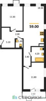 Планировка двухкомнатной(квартира) площадью 59 квадратных метров в “ЖК Деснаречье”