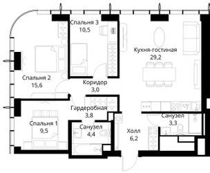 Планировка трехкомнатной(квартира) площадью 85.5 квадратных метров в ЖК “ЖК Сити Бэй”
