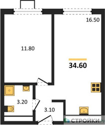 Планировка однокомнатной(квартира) площадью 34.6 квадратных метров в ЖК “ЖК Лучи-2”