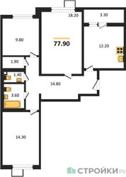 Планировка трехкомнатной(квартира) площадью 77.9 квадратных метров в ЖК “ЖК 1-й Ленинградский (Первый Ленинградский)”
