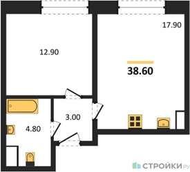 Планировка однокомнатной(квартира) площадью 38.6 квадратных метров в ЖК “ЖК Обручева 30”