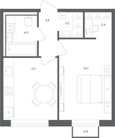 Планировка однокомнатной(квартира) площадью 38.4 квадратных метров в “ЖК Равновесие”