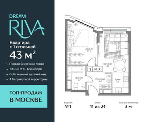 Планировка однокомнатной(квартира) площадью 43 квадратных метров в ЖК “ЖК Дрим Рива”