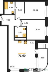 Планировка двухкомнатной(квартира) площадью 71.6 квадратных метров в ЖК “ЖК Родина Парк”