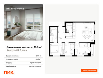 Планировка трехкомнатной(квартира) площадью 78.6 квадратных метров в ЖК “ЖК Ильинские луга”