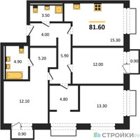 Планировка трехкомнатной(квартира) площадью 81.6 квадратных метров в “ЖК Равновесие”