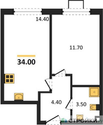 Планировка однокомнатной(квартира) площадью 34 квадратных метров в ЖК “ЖК Лучи-2”