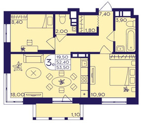 Планировка трехкомнатной(квартира) площадью 53.5 квадратных метров в ЖК “ЖК Героев”