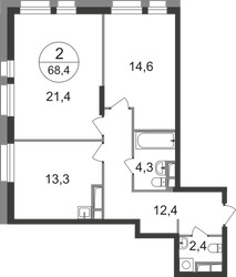 Планировка двухкомнатной(квартира) площадью 68.4 квадратных метров в ЖК “ЖК Первый Московский”