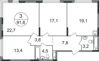Планировка трехкомнатной(квартира) площадью 91.6 квадратных метров в “ЖК Переделкино Ближнее”