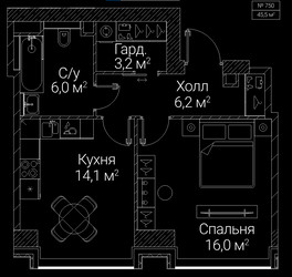 Планировка однокомнатной(квартира) площадью 45.5 квадратных метров в ЖК “ЖК СЕЗАР БУДУЩЕЕ”