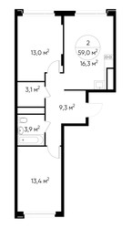 Планировка двухкомнатной(квартира) площадью 59 квадратных метров в ЖК “ЖК Переделкино Ближнее”