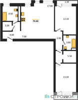 Планировка двухкомнатной(квартира) площадью 74.6 квадратных метров в “ЖК Новая Щербинка”